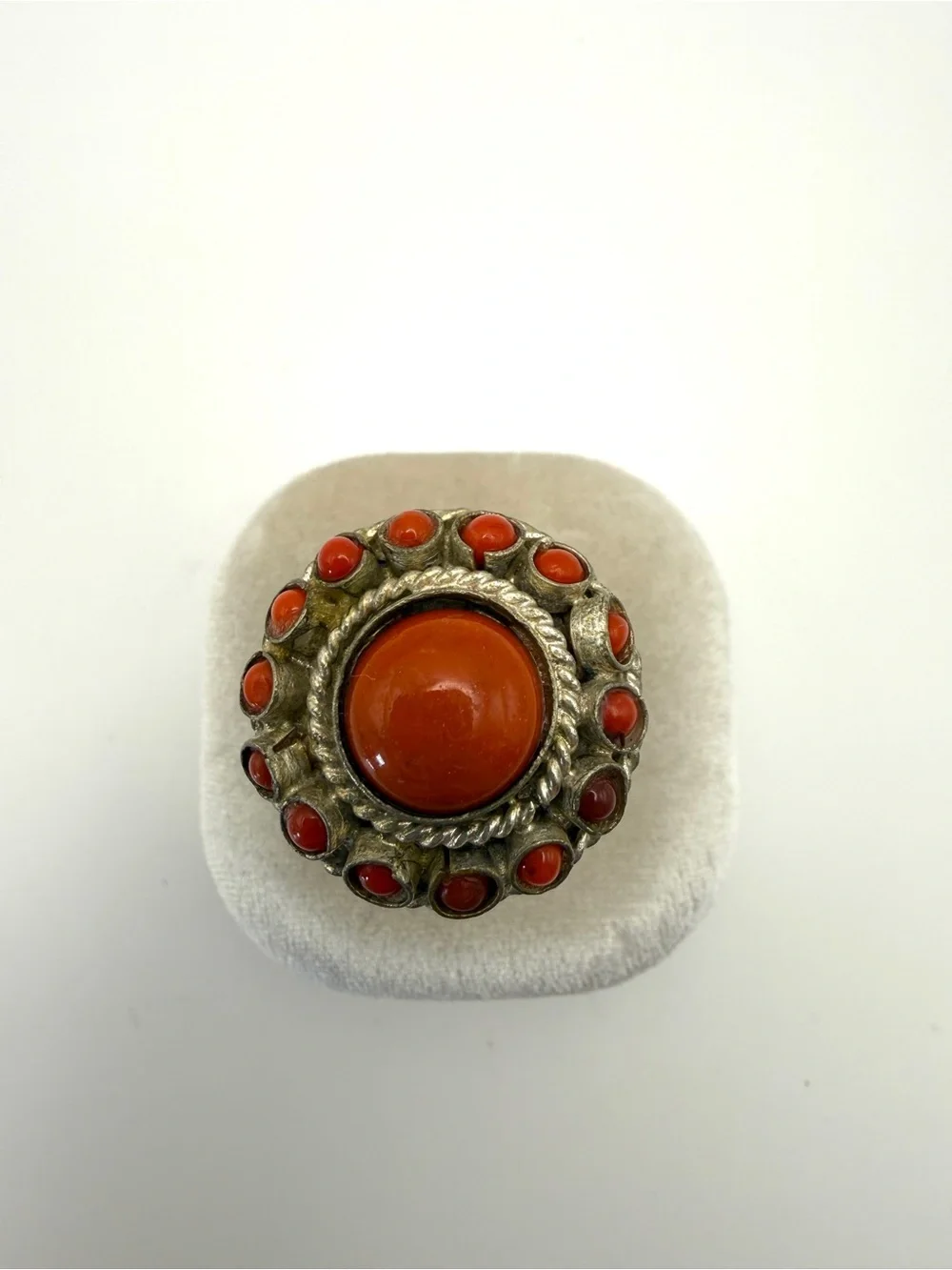 Antique Adjustable Silver Coral Cluster Statement Ring
